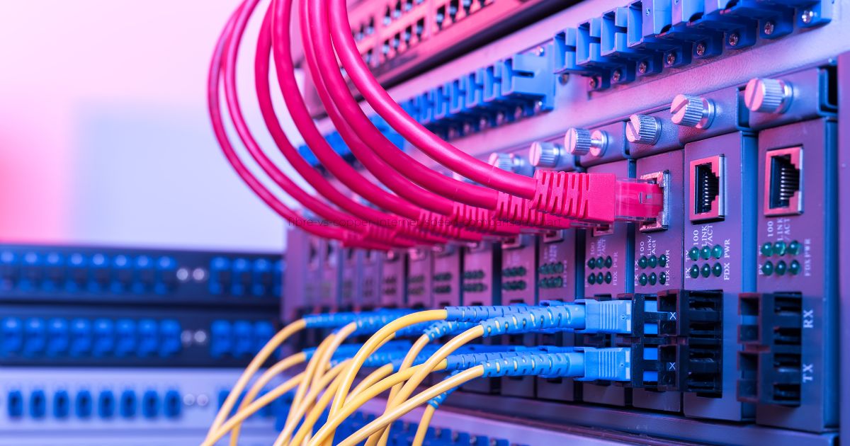 Close-up of neat structured, cabling in small office.
