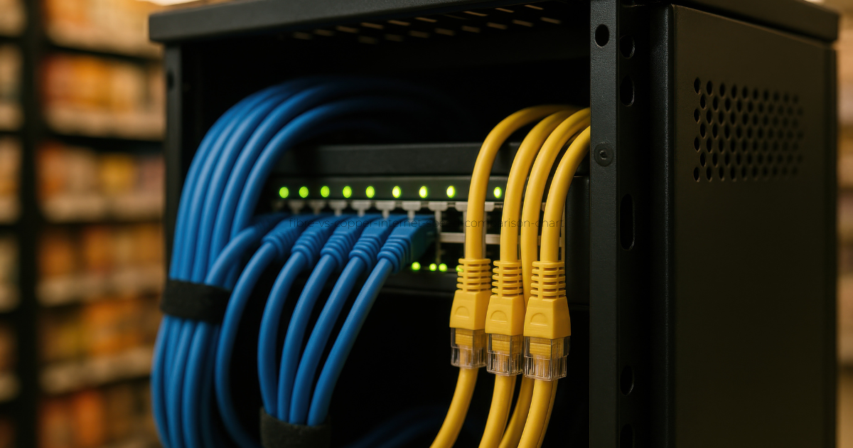 Cat6a network cable plugged into business switch for Wi-Fi connectivity.