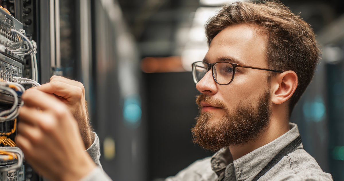 Certified installer testing network cables to improve business Wi-Fi performance.