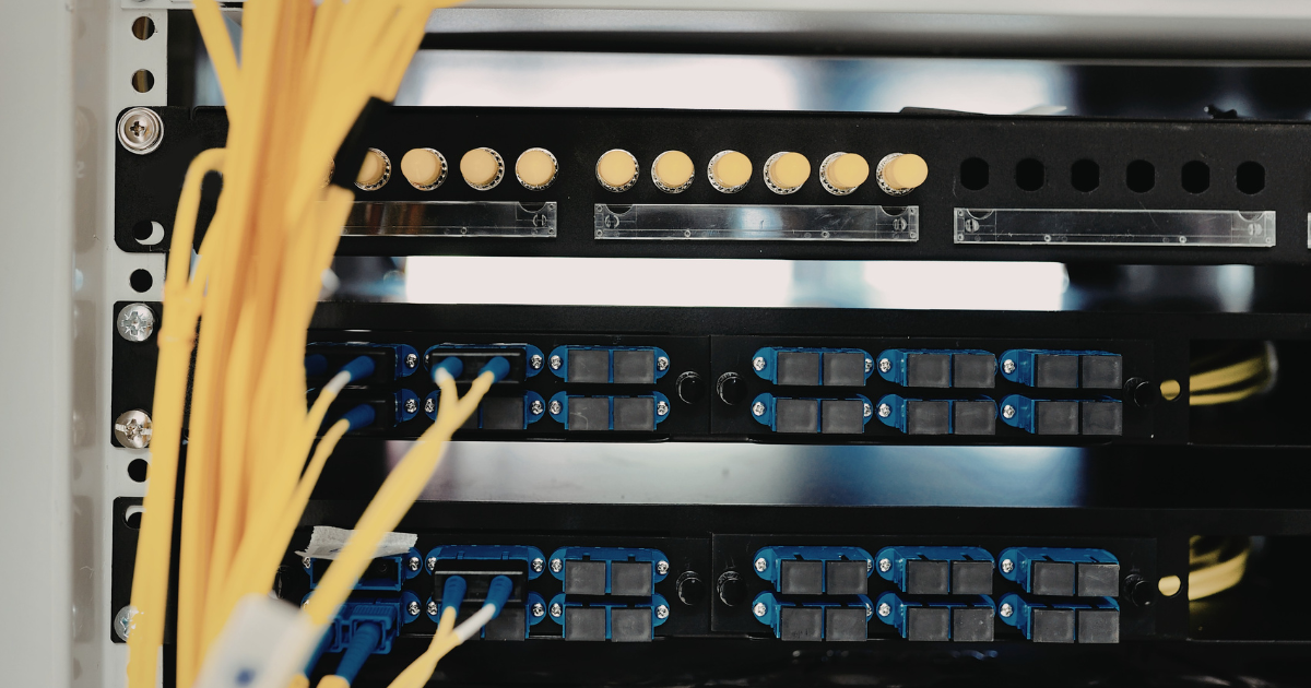 Modern office network infrastructure with server cabinet and patch panels